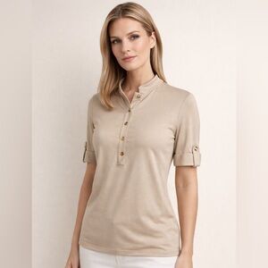 St. John Sport Button Collared Fitted Jersey Top
